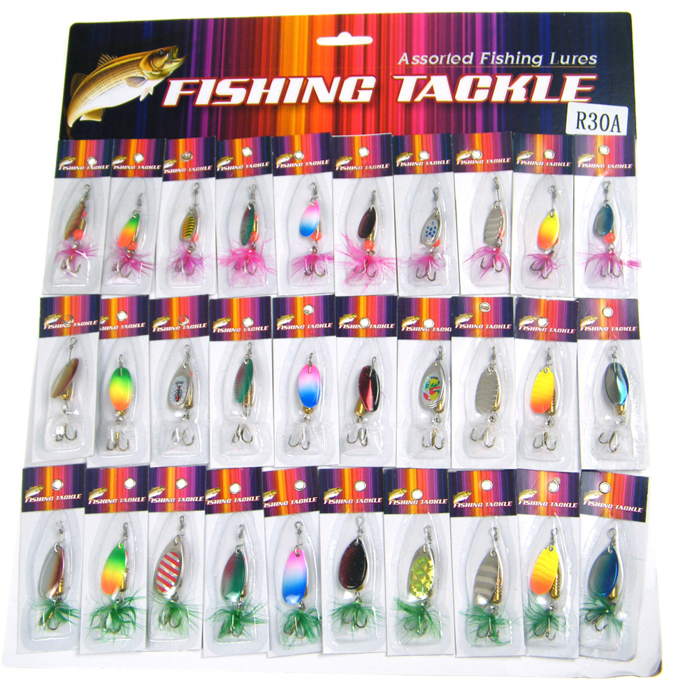 

30pcs/card assorted fishing lures spinner metal spoon fishing spinners hard baits with feather crankbaits fishing wobblers pesca 201103