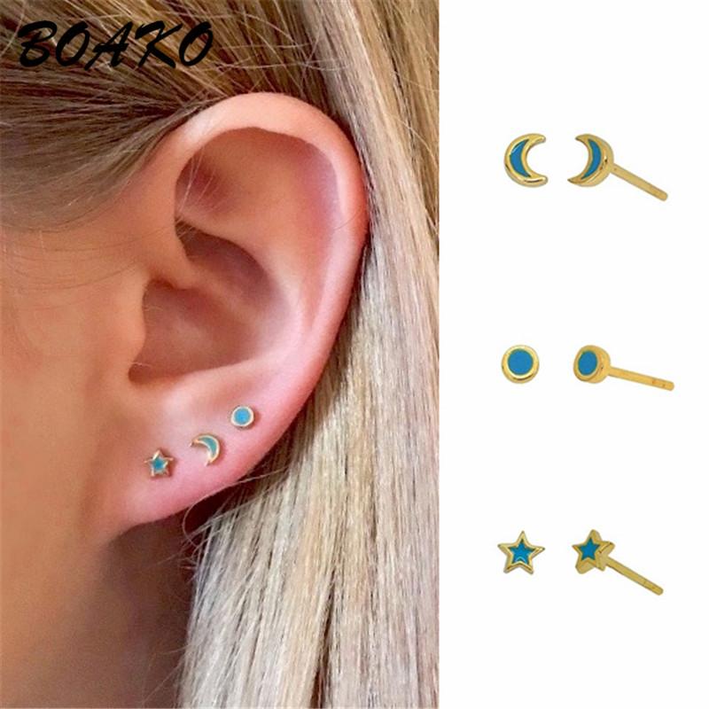 

BOAKO Fashion Stud Earrings for Women Female Geometric Moon Star Earrings 925 Sterling Silver Jewelry Dripping Oill Ear Studs