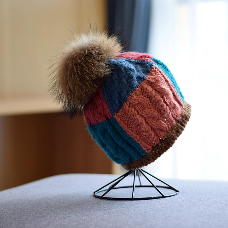 

Fashion All-match Color Matching Pattern Knitted Hat Fur Women 2021 Autumn And Winter Raccoon Fur Ball Wool Hat Women, Yellow n green