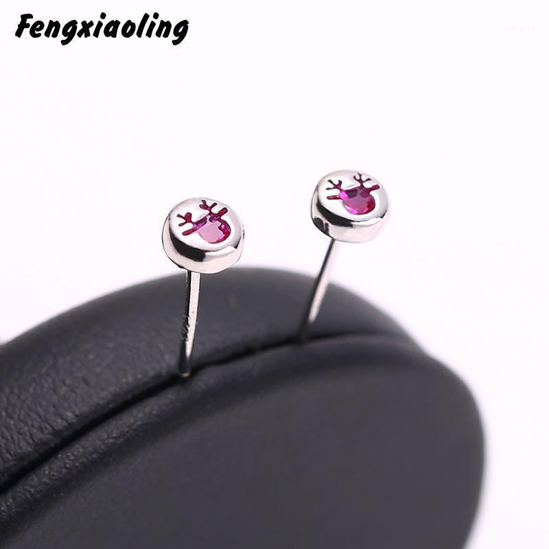 

Fengxiaoling 100% 925 Sterling Silver Mini Round Earrings For Women Red Zircon Elk Stud Earrings Fine Jewelry Cute Accessories1, Golden;silver