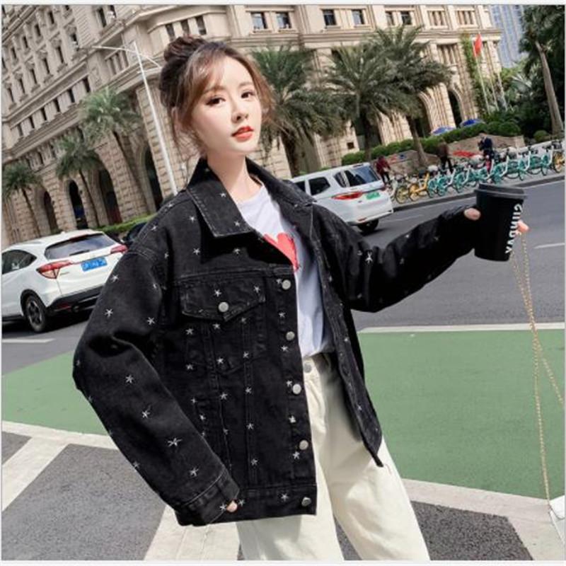 

Streetwear Women Denim Jacket Spring 2020 Short Rivet Jeans Coat Jacket Female Turn-Down Collar Slim Cowboy Overcoat Femme M360, Black