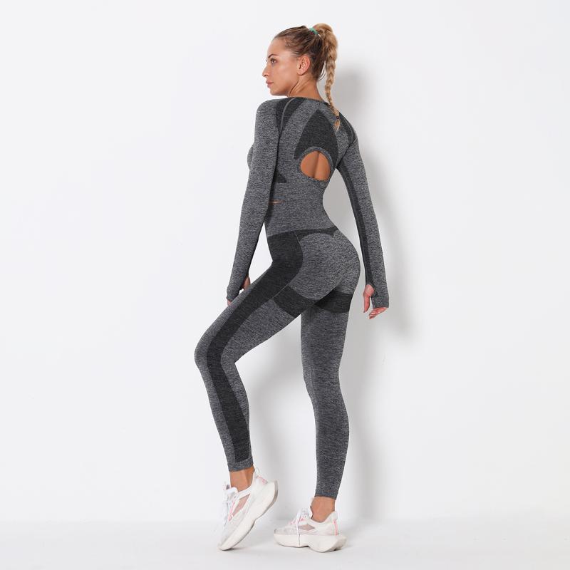 

2pcs Seamless Women Yoga Set High Waist Leggings Pants Long Sleeve Hollow Out Tops Running Tracksuit Gym Fitness Sportswear, Black