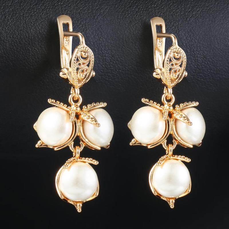 

Davieslee White Pearl Dangle Earrings for Women Leaf Beaded 585 Rose Gold Filled Womens Earring Fashion Jewelry Gifts DGE110