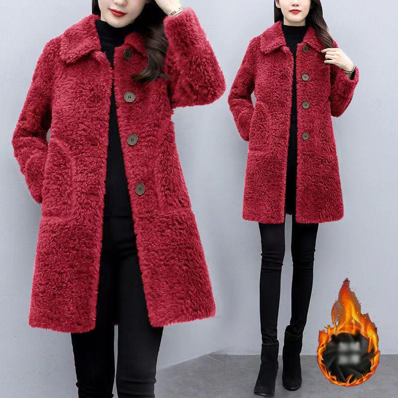 

2021 Women Winter Faux Lamb Fur Warm Long Sleeve Female Thick Teddy Bear Coat Casual Loose Long Jackets for Women abrigo mujer, Red