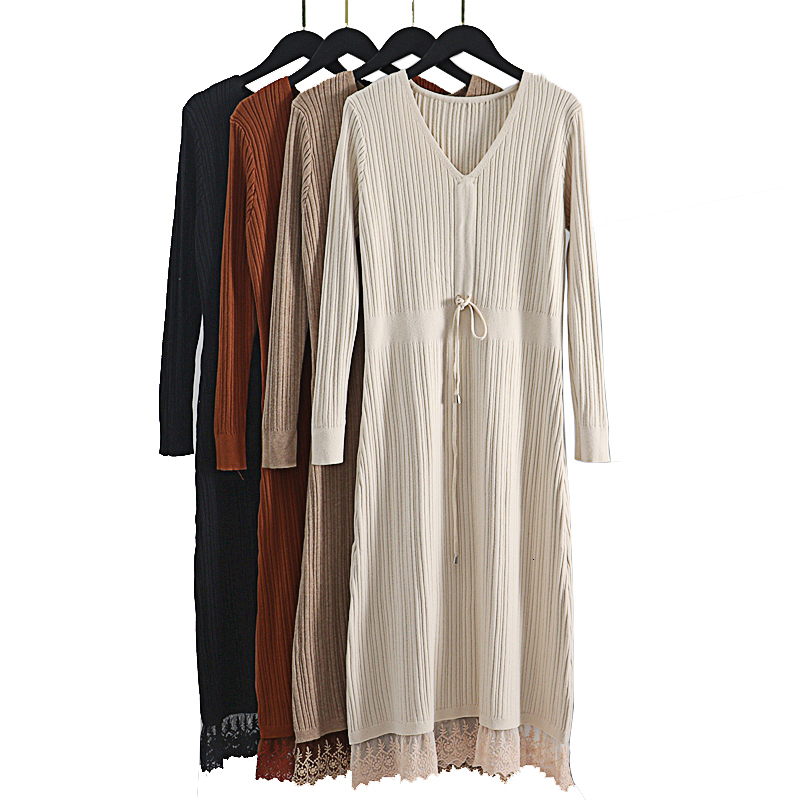 

2021 New Lace Stitching Long Knit a Line Women Sweater Autumn Winter Drawstring Maxi Retro Ribbed Robe Pullover Dress Dkya, Apricot