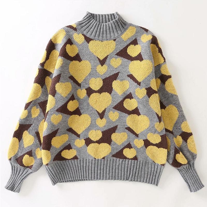 

Afeenyrk Half High Collar Women Pullovers Love Contrast Color Flat Knitted Loose Long Sleeved Pullover Sweater Female Tops E53791, Gray
