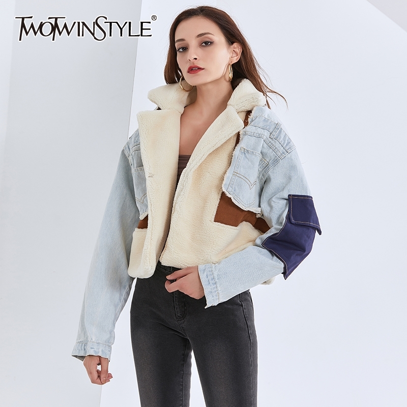 

TWOTWINSTYLE Casual Lambswool Patchwork Denim Jacket For Women Lapel Long Sleeve Short Tops Female Fashion New Clothing Autumn 201109, Blue