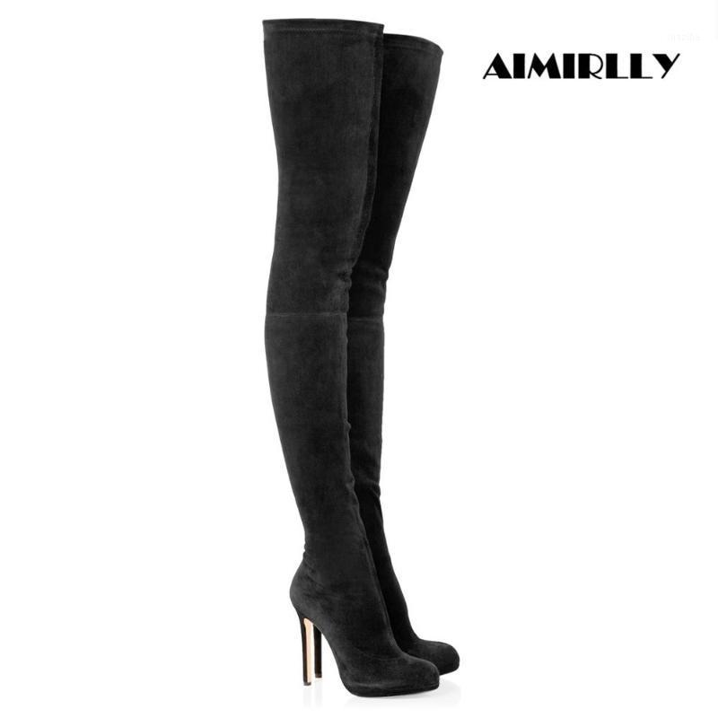 

Women's Round Toe Over the Knee Boots High Heels Stilettos Platform Faux Suede Stretch Winter Long Boots Black1, Black