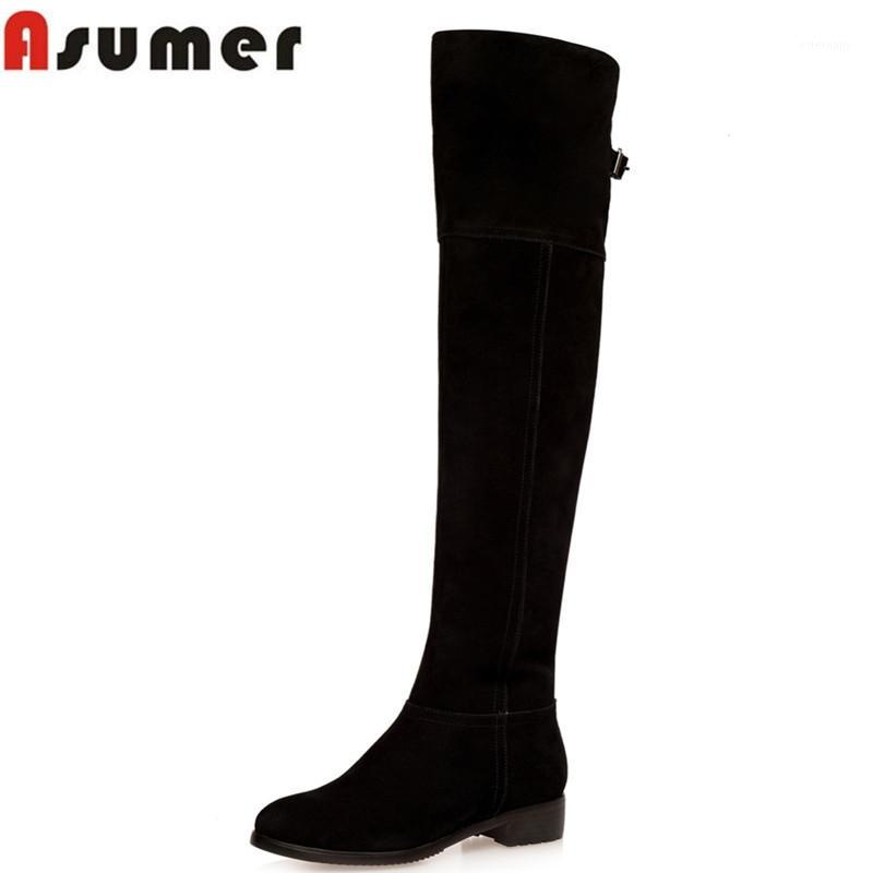 

ASUMER 2020 new arrive autumn winter genuine leather boots square heel over the knee boots fashion buckle cowhide women1, Black