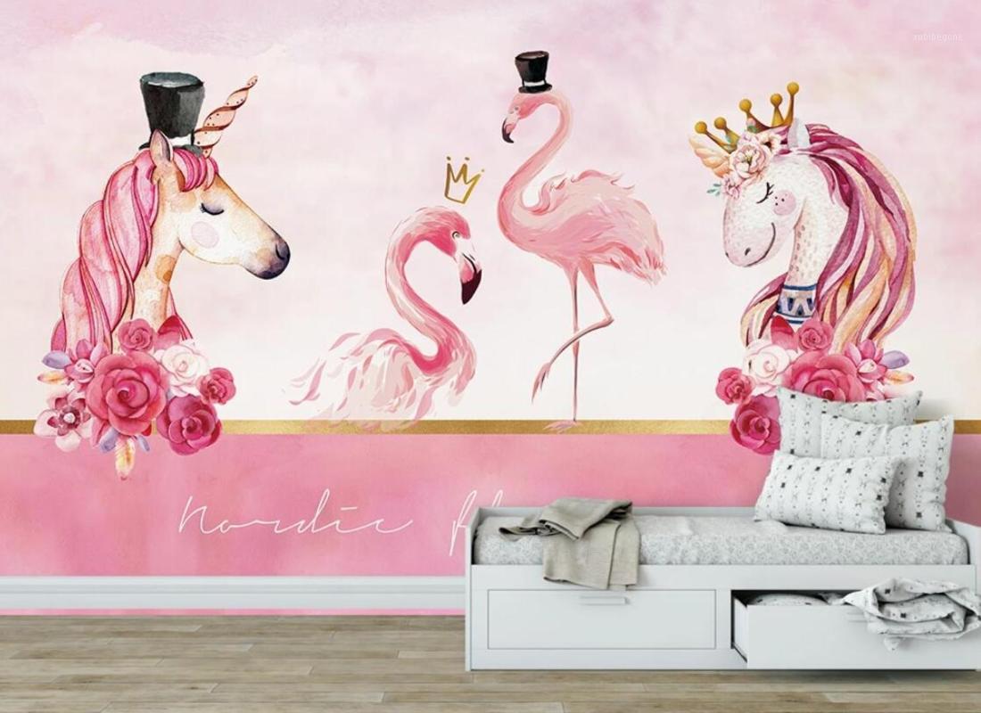 

Nordic Children's Wallpaper Uniocorn Flamingo Wall Mural 3D Custom Carton Photo Wall Papers Roll Waterproof Contact Paper1, As pic