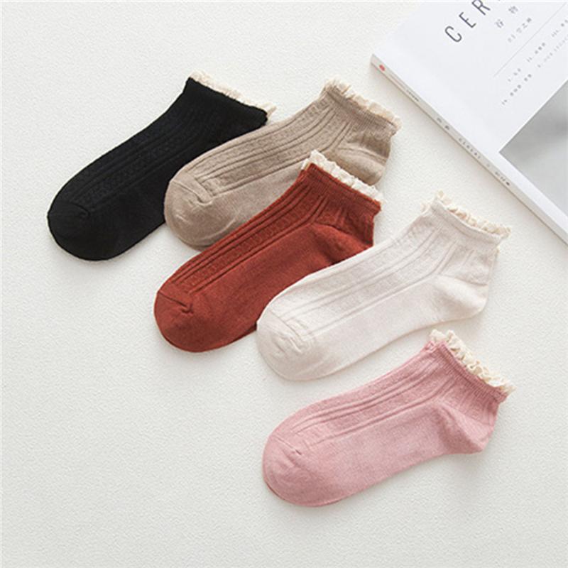

1 Pair Women Bamboo Fiber Short Socks Cute Lace Ruffled Solid Color Casual Breathable Ladies Socks Sweet Pink Summer Sock, Black