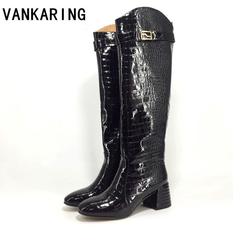 

brand designer autumn winter dress shoes women knee-high boots fashion crocodile pattern leather runway shoes high heels, Gray gezhi