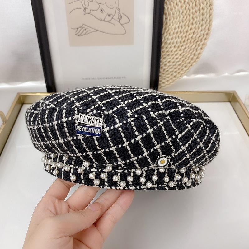 

2020 New Grid Pearl Beret Fashion Brand Slyte Badge Pin Winter and Autumn For Woman1, White