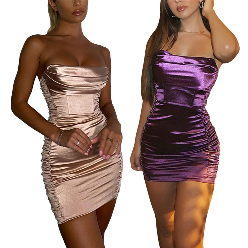 

Women Sexy Tube Tops Pencil Dress Summer Wrap Chest Fashion Solid Color Pleated Off-the-shoulder Skinny Short Dress Slim Dresses VS4A