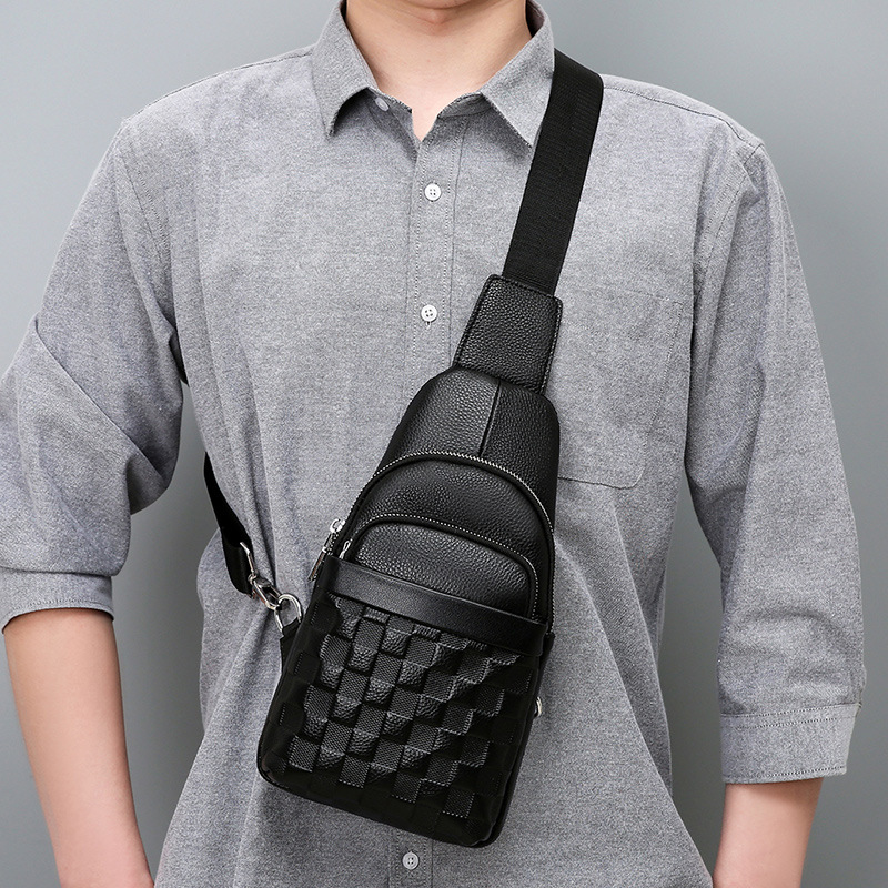 

Wholesale factory men leather shoulder bags street trend crocodile backpack Joker black leather handbag outdoor sports leisure plaid mobile phone bag 9 colors, Black4