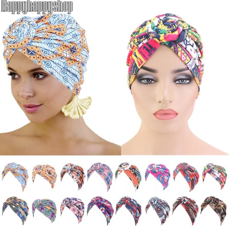 

2020 Fashion Women African Pattern Knotted Flower Turban Muslim Hijab Twist Knot India Hat Ladies Chemo Cap Bandanas Hair Cover, Color7