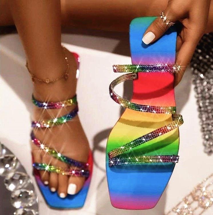 

Slippers women's shoes summer sandals beach beach with drill clip foot flat slippers outdoor large crystal lady's shoes, Multi
