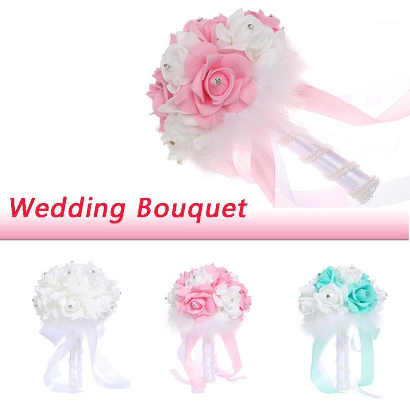 

Roses Wedding Bouquet Bridal Bridesmaid Holding Flower Artificial PE Rose Fake Pearls Bouquet Blue Marriage Wedding Supplies1