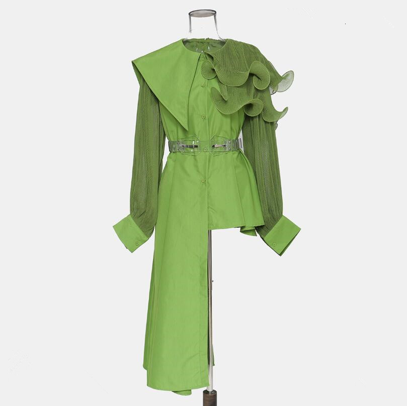 

eam] Female Frilly Plied Irregularly Large New Lapel Sleeve Long Shirt Loose Spring Fashion Summer 2021 P2154 1rg2, Green