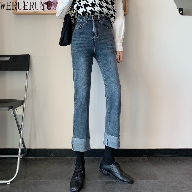

WERUERUYU Women Jeans Trousers Girls Leisure All-match Fashion Loose Chic Roll Up Hem, Photo color