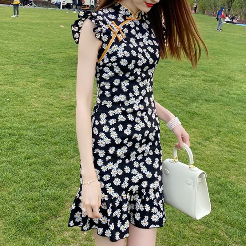 

2021 New Elegant Fishtail Dressed Feminine Summer Floral Fashion Women' Dresses Short Petal Thin Chinese Dress BE44, Black