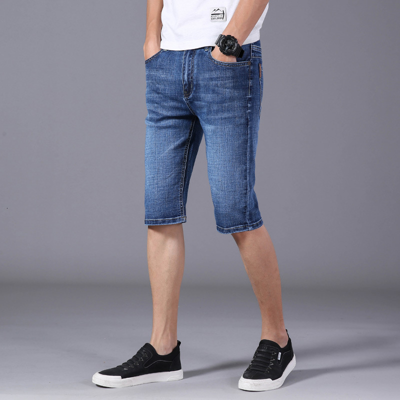 

2021 New Men's Brim Will See Fashion Brand Thin Cotton Male Cowboy at Knee Height Blue Casual Jeans Shorts O82o, Sky blue.