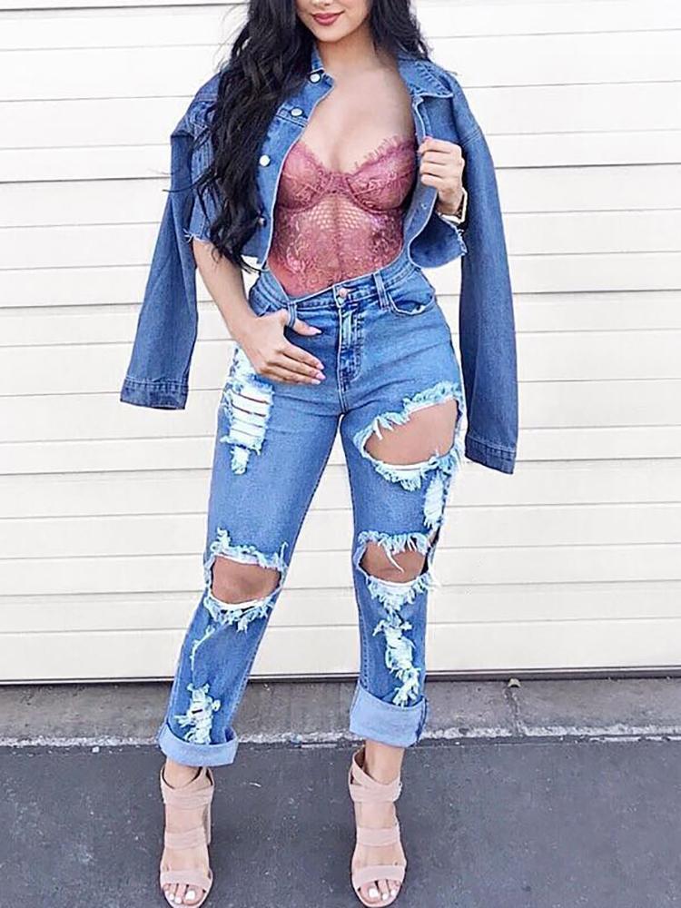 

Women high waist casual jeans fashion washed distressed ripped jeans high street trend holes straight-leg ladies denim pants, 03