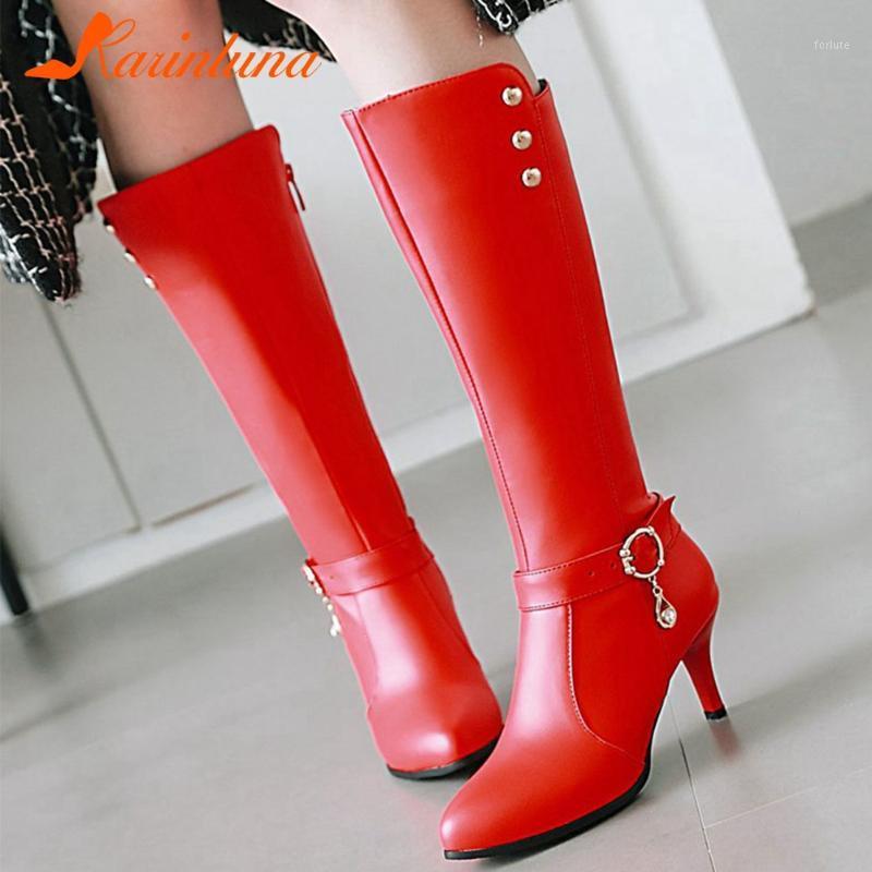 

Dropship On Sale High Quality Woman Shoes Pointed Toe Knee Boots Metal Decoration Solid Spike Heels Short Plush Autumn Shoes1, Black
