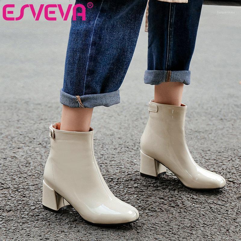 

ESVEVA 2020 Women Shoes Winter Ankle Boots Square High Heel PU Leather Western Style Black Motorcycle Platform Boots Size 34-431, Beige