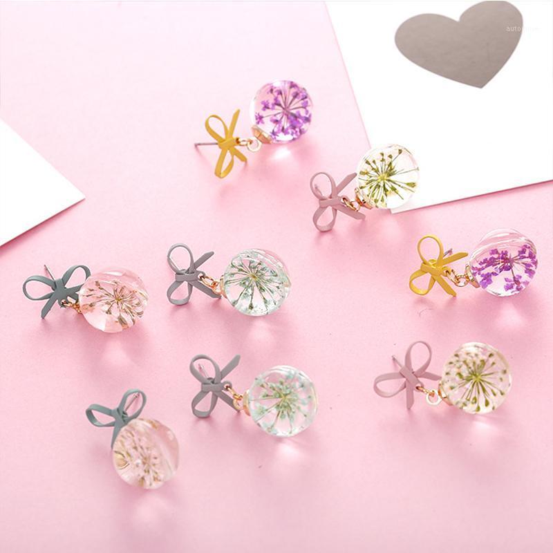 

Fashion Earrings Temperament Glass Ball Bow Pink Pink Green Starry Dried Flower Stud Earrings for Women Delicate Gift1