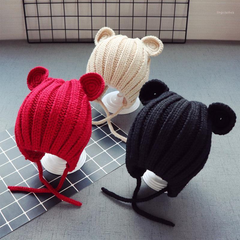 

Knitted Winter Baby Hat with Ears Cartoon Lace-up Children Kids Baby Bonnet Cap for 1-3 Years toddler photography romper beanie1, White