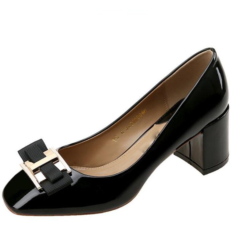 

Luxury Bow Metal Designer Patent Leather Western Style Women Pumps Ladies Slip On Work Shoes Office Shoes Woman Zapatillas Mujer, Blue 3.5cm