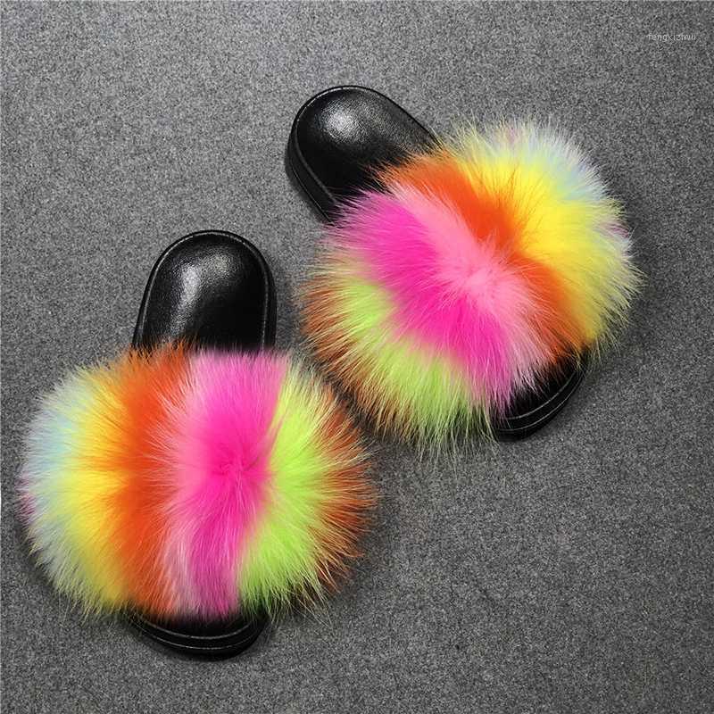 

Summer Children's Lovely Plush Fur Slippers Girl Fluffy Fur Rainbow Beach Flip Flops Sweet Furry Baby Home Slides Kids Sandals1, Faux fur