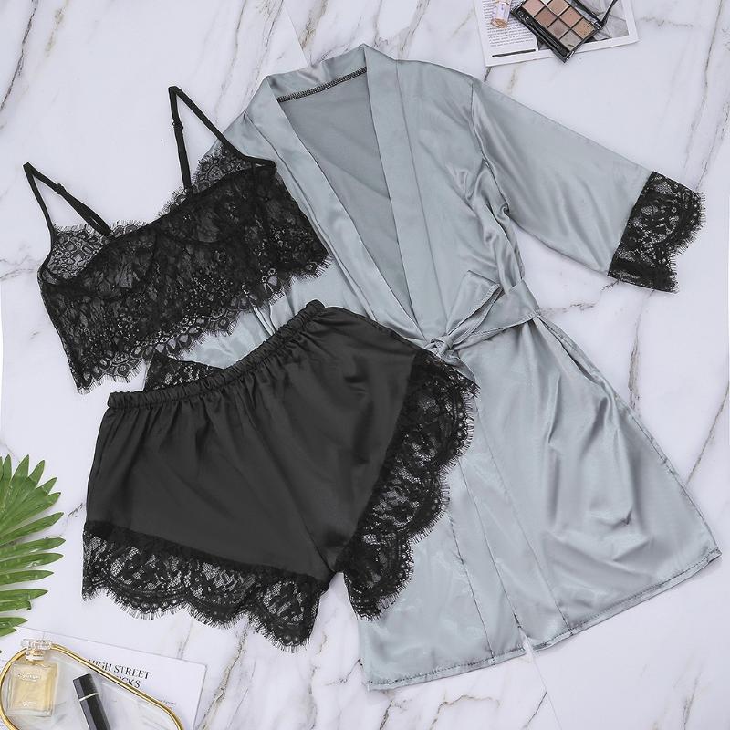 

3PC Satin Silk Pajamas Sets Sexy Robe Lace Lingerie Women Underwear Sleepwear Pants With Belt Nightwear Pijama Mujer J60, Gray