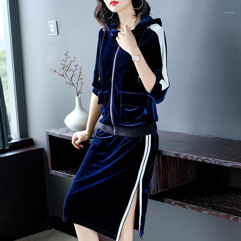 

Velvet 2 Piece Set Women Casual Velour Tracksuit Top And Skirt Velvet Tracksuits Conjunto Feminino Year-old Female Costume1, Royal blue