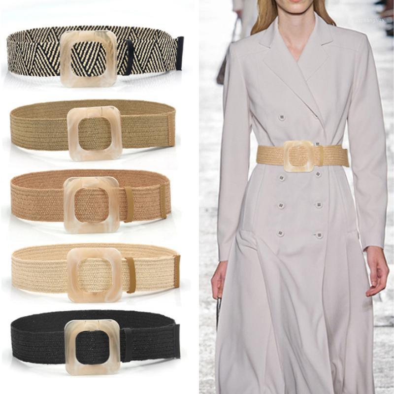 

Belts 1PC Braided Elastic Belt Buckle Cotton Linen Straw Knitted Dresses Women Summer Vintage Accessories Woman, Black;brown