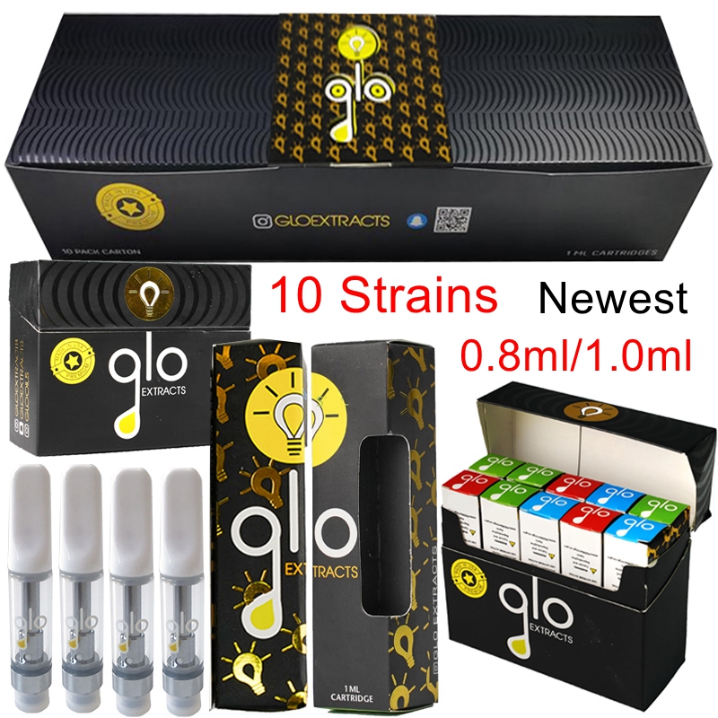 

Newest Glo Extracts Vape Cartridges Packaging 0.8ml 1ml Ceramic Empty Vape Carts 510 Thick Oil Atomzier Vaporizer 10 colors With QR Code