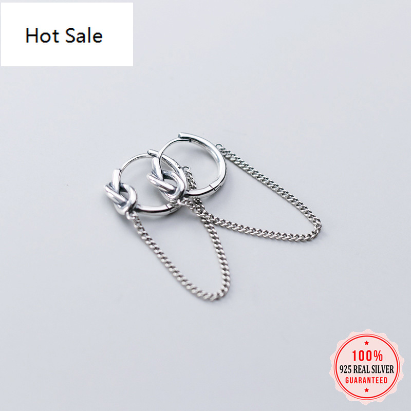 Minimalist Genuine 925 Sterling Silver Knot Hoop Linkced Chain Earrings For Women Wedding Jewelry Gift