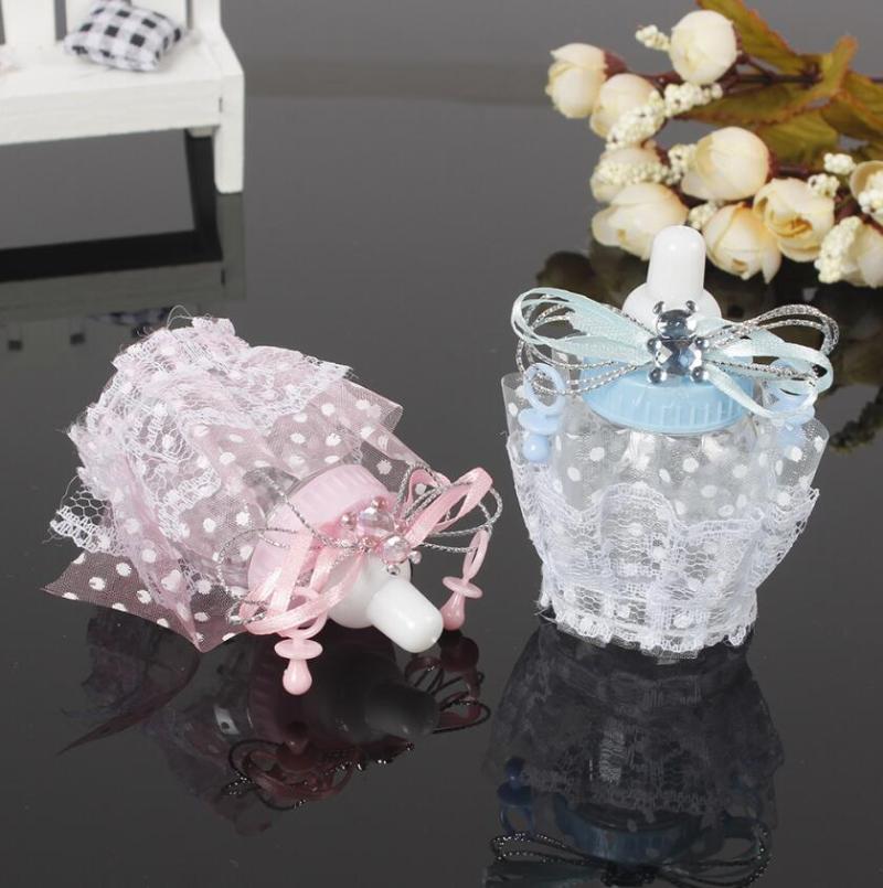 

24pcs Blue/Pink Feeder Feeding Bottle With Bear&Lace Candy Chocolate Boxes For Wedding Party Birthday Baby Shower Favors Gifts