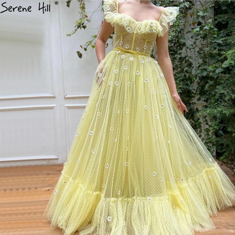

Yellow Simple Sleeveles Sexy Prom Dresses Long Small Round Pattern A-Line Ankle Length Evening Dress Serene Hill 2020 BLA70521, Yellow ankle length