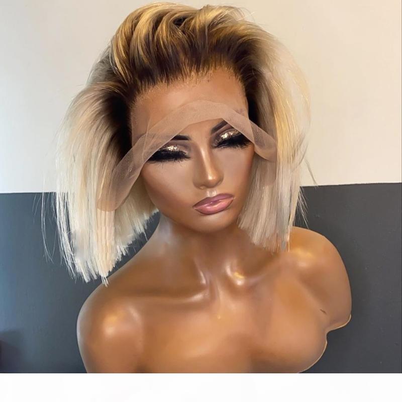 

Cheap Luvin 613 Ombre Blonde 13X4 HD Transparent Colored Lace Front Human Hair Wigs Straight Short Bob Frontal Wig Black Woman, Black;brown