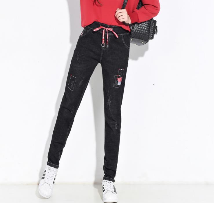 

Spring Autumn Harem Women Long Pants Big Size Pure Black Jeans 6cyr