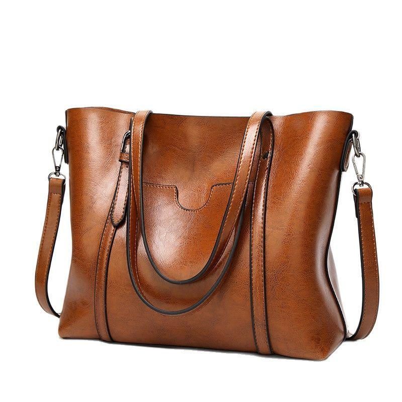 

Women Leather Handbags 2021 Women Casual Bag Oil wax Luxury Lady Hand Bags Female Messenger Bag Quality Big Tote Sac A Mai, Black