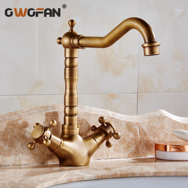 

Antique Solid Bronze Basin Faucet Bathroom Deck Mounted Dual Handle Sink Taps Classic Home Decoration Mixer Water Taps HJ-6711F1