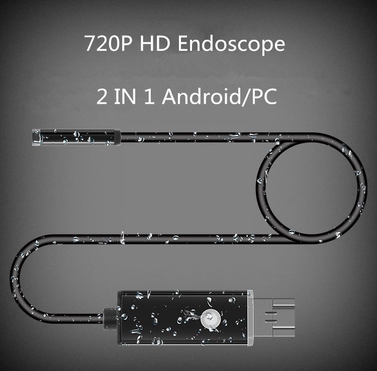 

1m 2m 7MM Lens 2 IN 1 Android/PC 720P HD Endoscope Tube Waterproof Snake Borescope USB Inspection Mini Camera With 6 LED