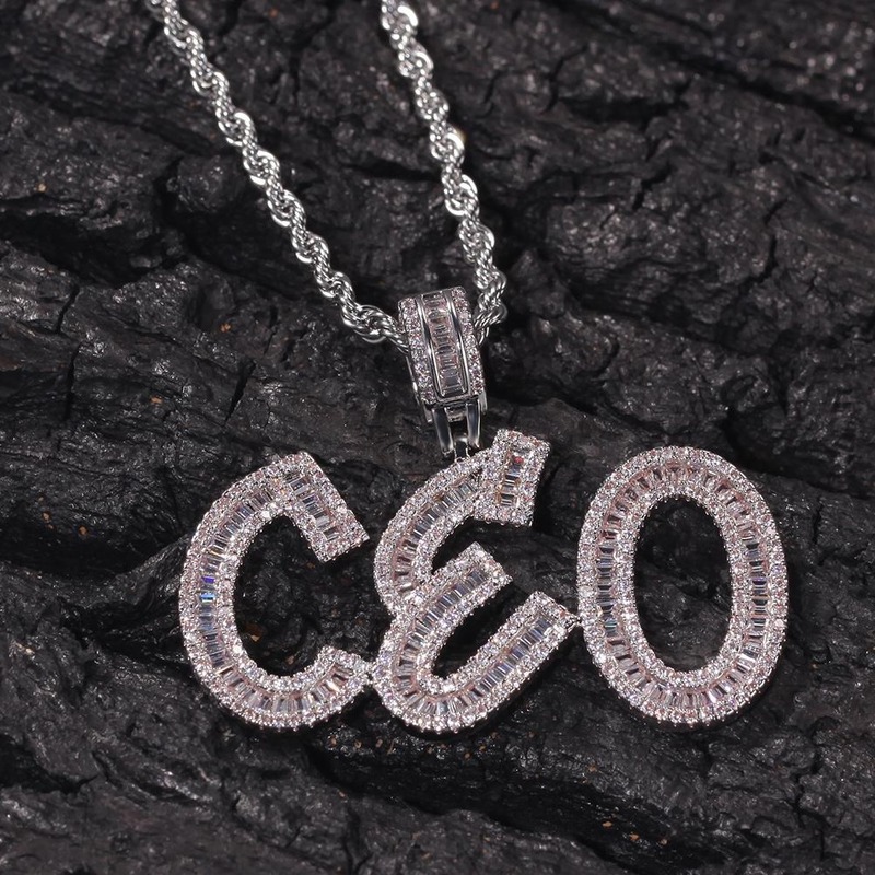 

Hip Hop Custom Name Baguette Letters Pendant Necklace With Free Rope Chain Gold Silver Bling Zirconia Men Pendant Jewelry