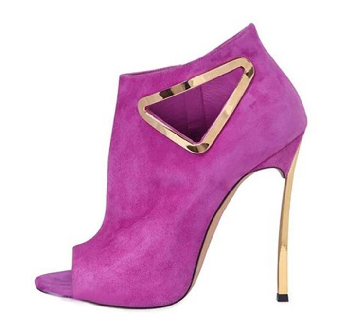 

Stylish 120mm Blade Triangle Ankle Boots For Women Cut Out Pink Black Suede Boots Peep Toe Side Zipper Gold-tone Hardware Bootie, As picture