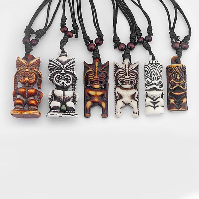 

1pcs Brown/White Tribal Yak Bone Carved Tiki Man Pendants& Necklace Black Wax Cotton Cord Mens Pendant Necklaces