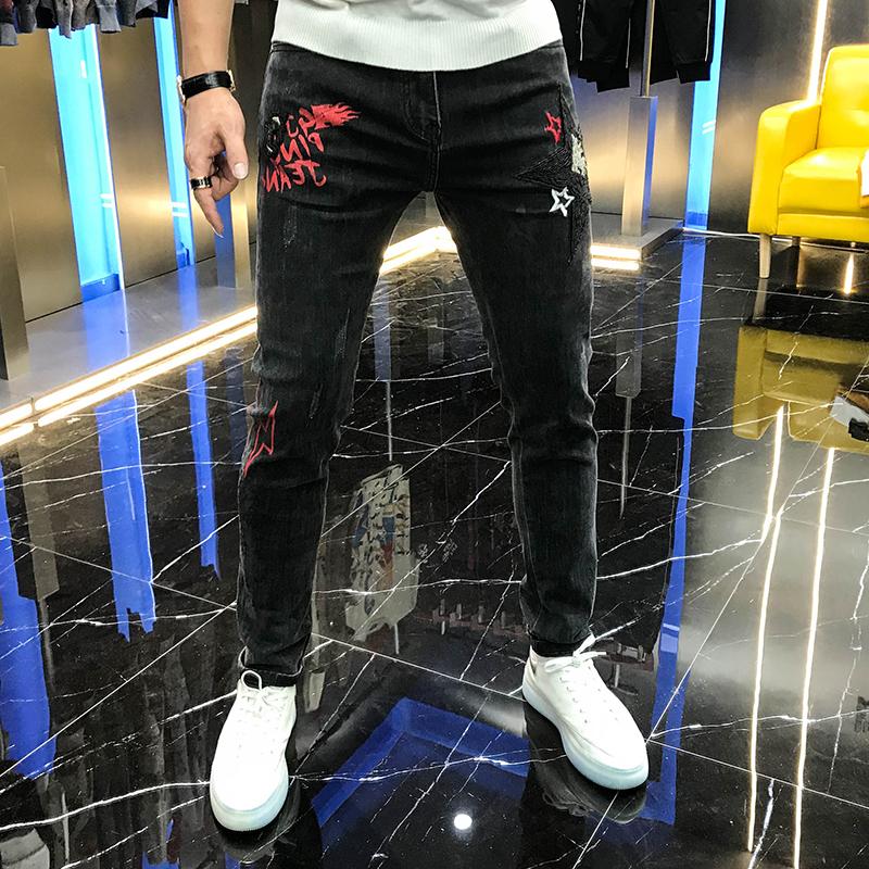 

2020 autumn men's new jeans star embroidery Beaded elastic simple Leggings youth black casual versatile mid waist handsome pants