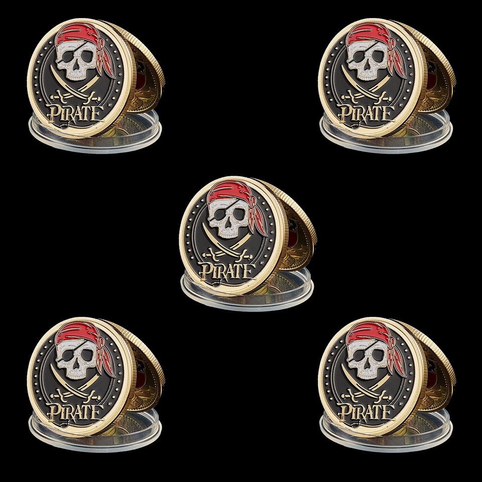 5PCS/Lot Movie Pirate Skull Gold Plated Aztec Coin Craft Jack Sparrow Medallion Skull Medal Collection Badge Gift-image-602254178